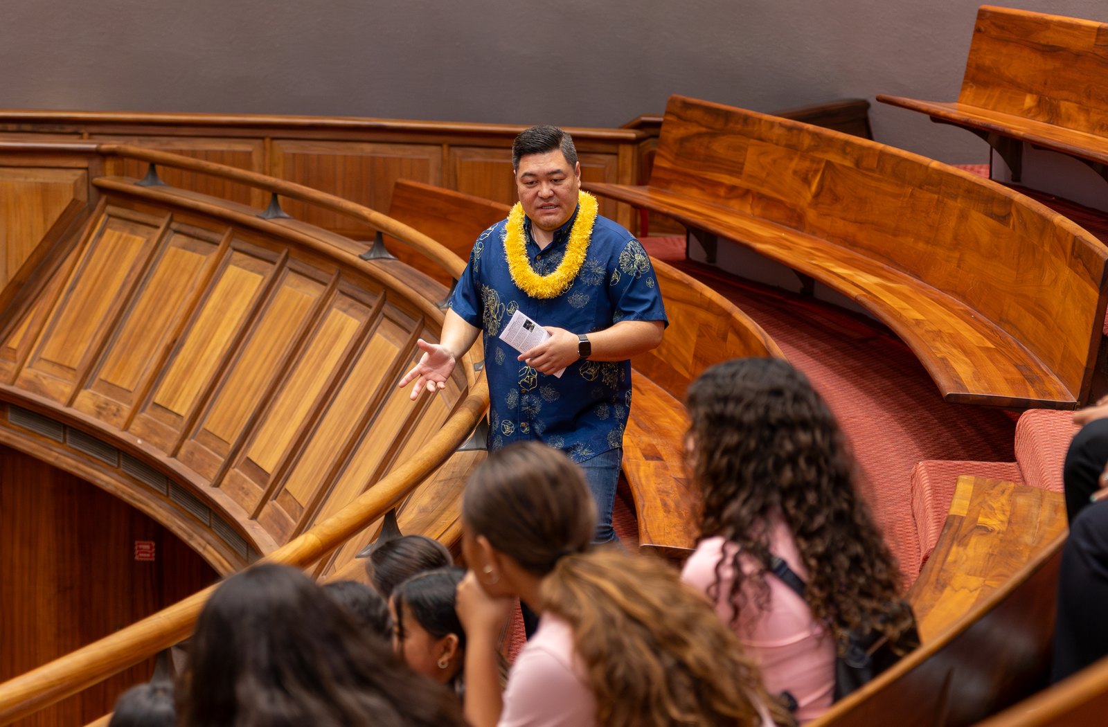 Tyson Miyake speaking with students inside the Hawaii State Capitol